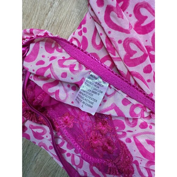 Y2K Pink Heart Print Sheer Lace Babydoll Nightgown Lingerie - Picture 4 of 5